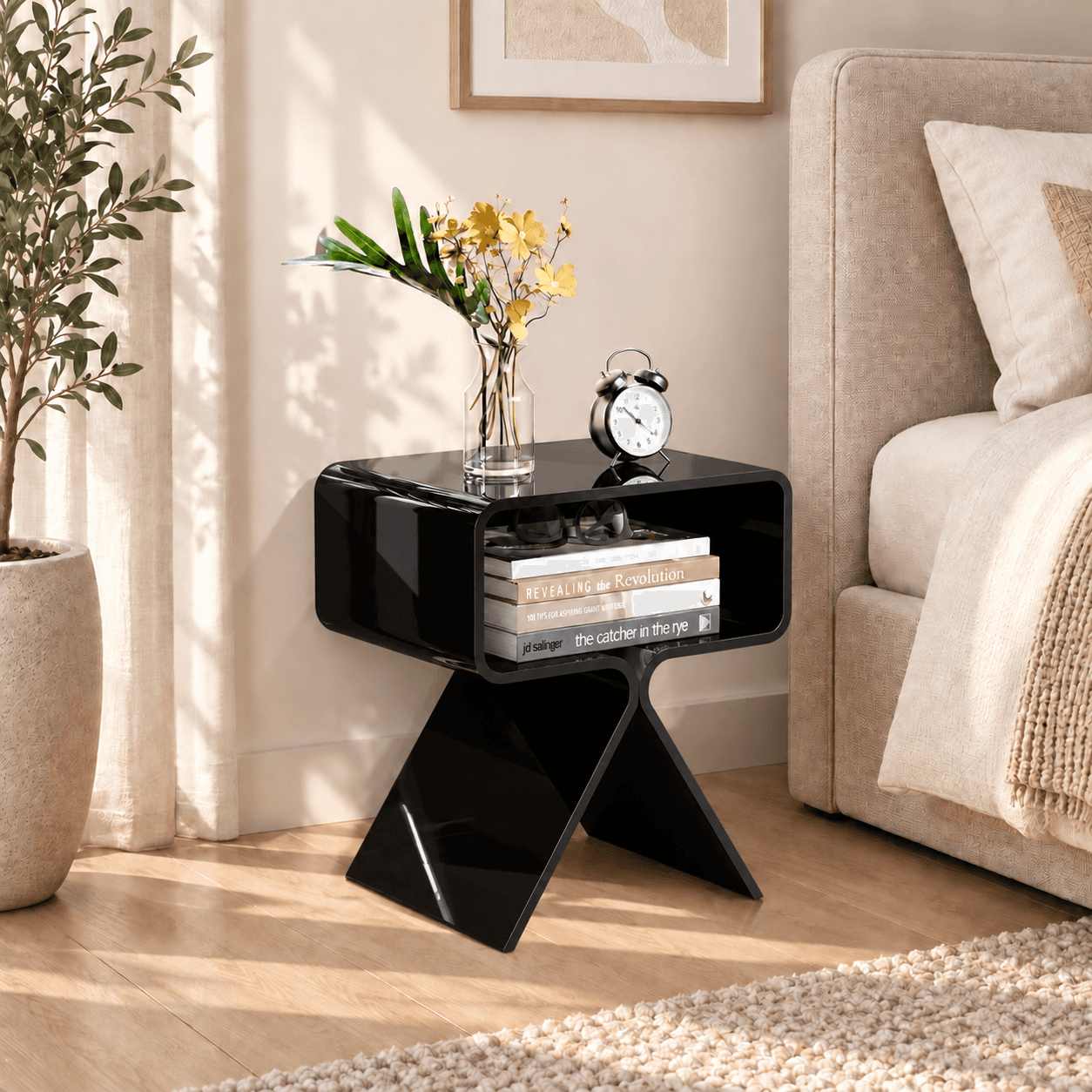 Acrylic Bedside Table with Open Storage Shelf image 1