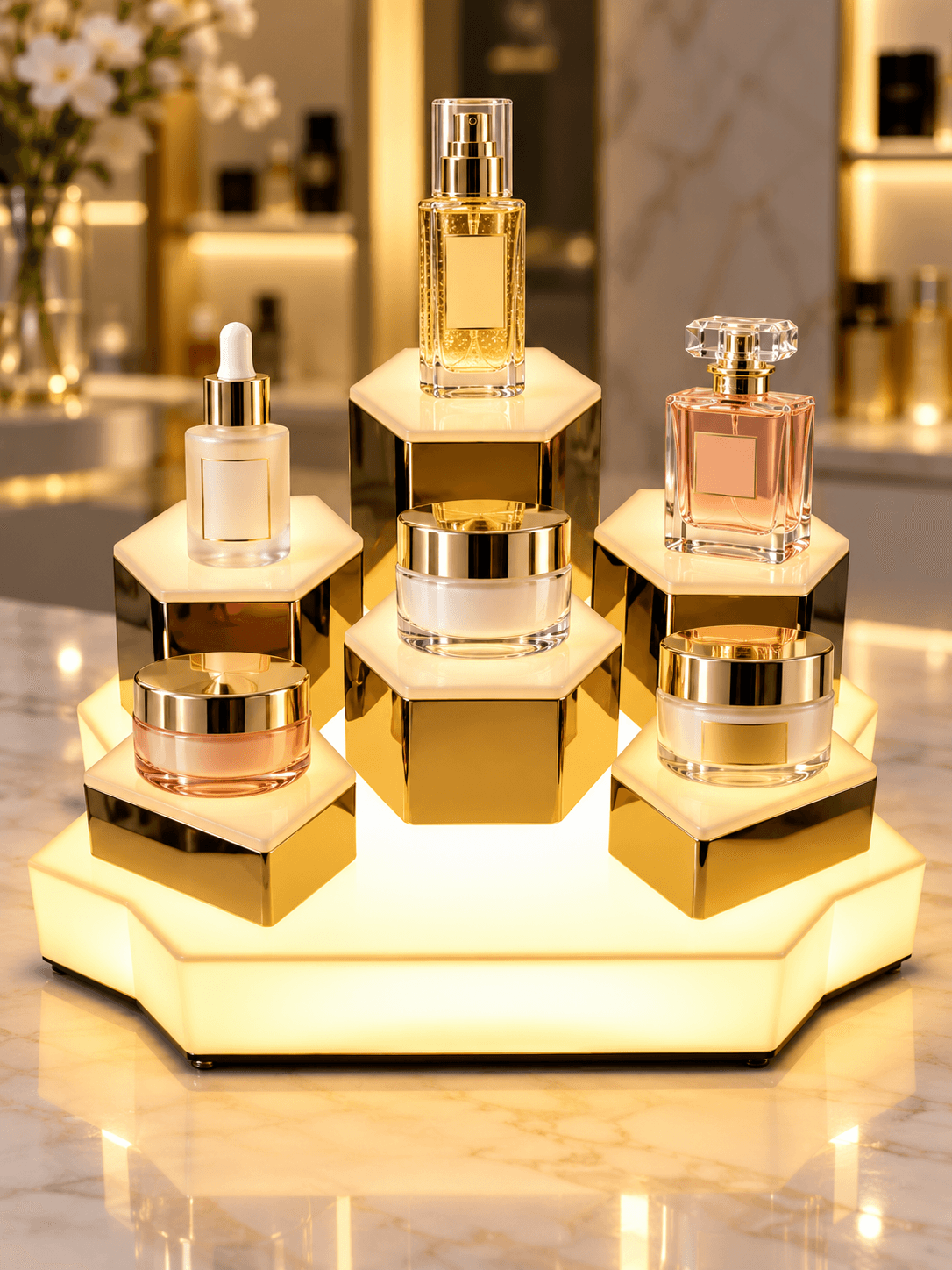 Premium Hexagonal LED Acrylic Perfume & Cosmetic Display Stand image 1