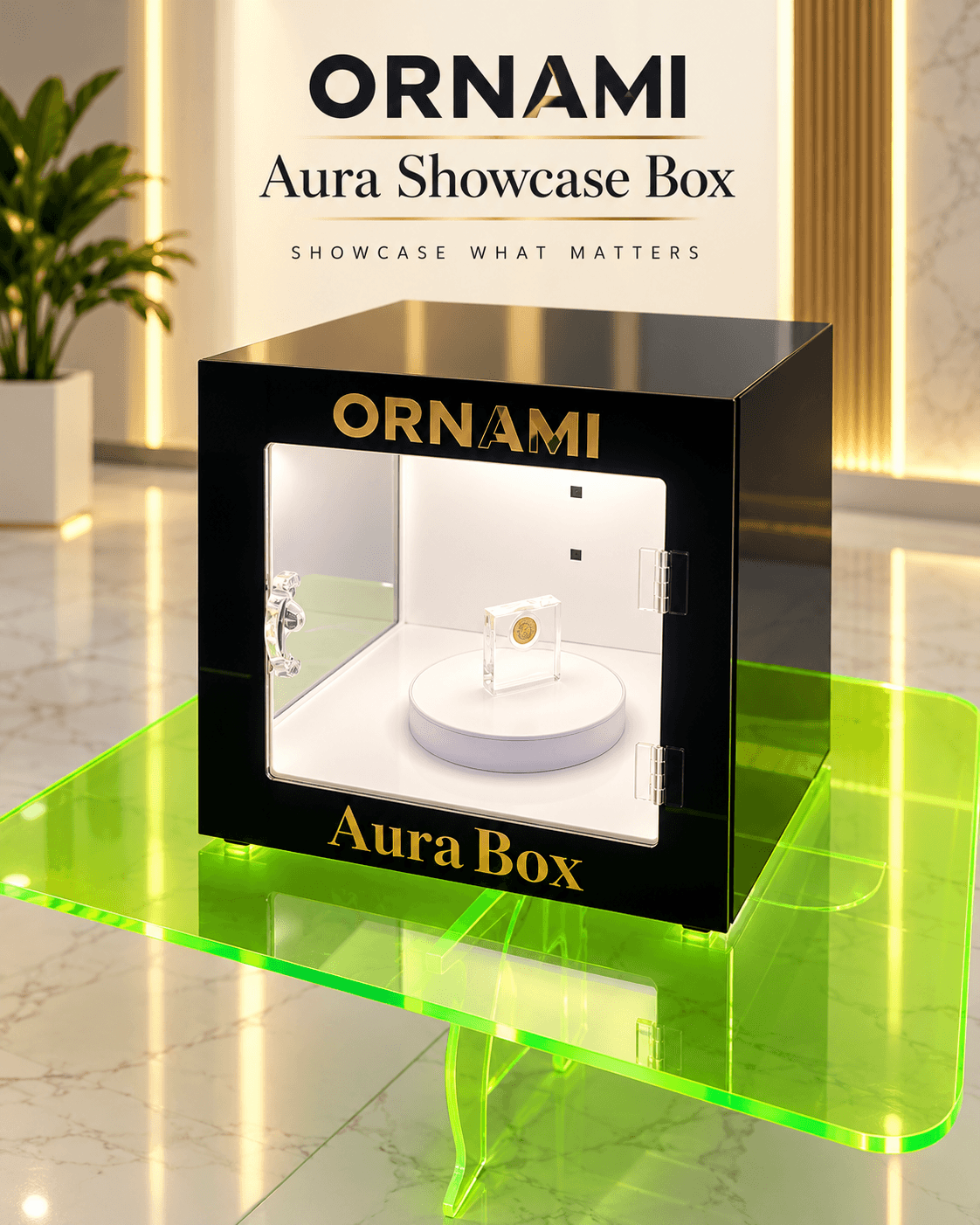 ORNAMI Premium LED Illuminated Acrylic Display Box with Rotating Turntable