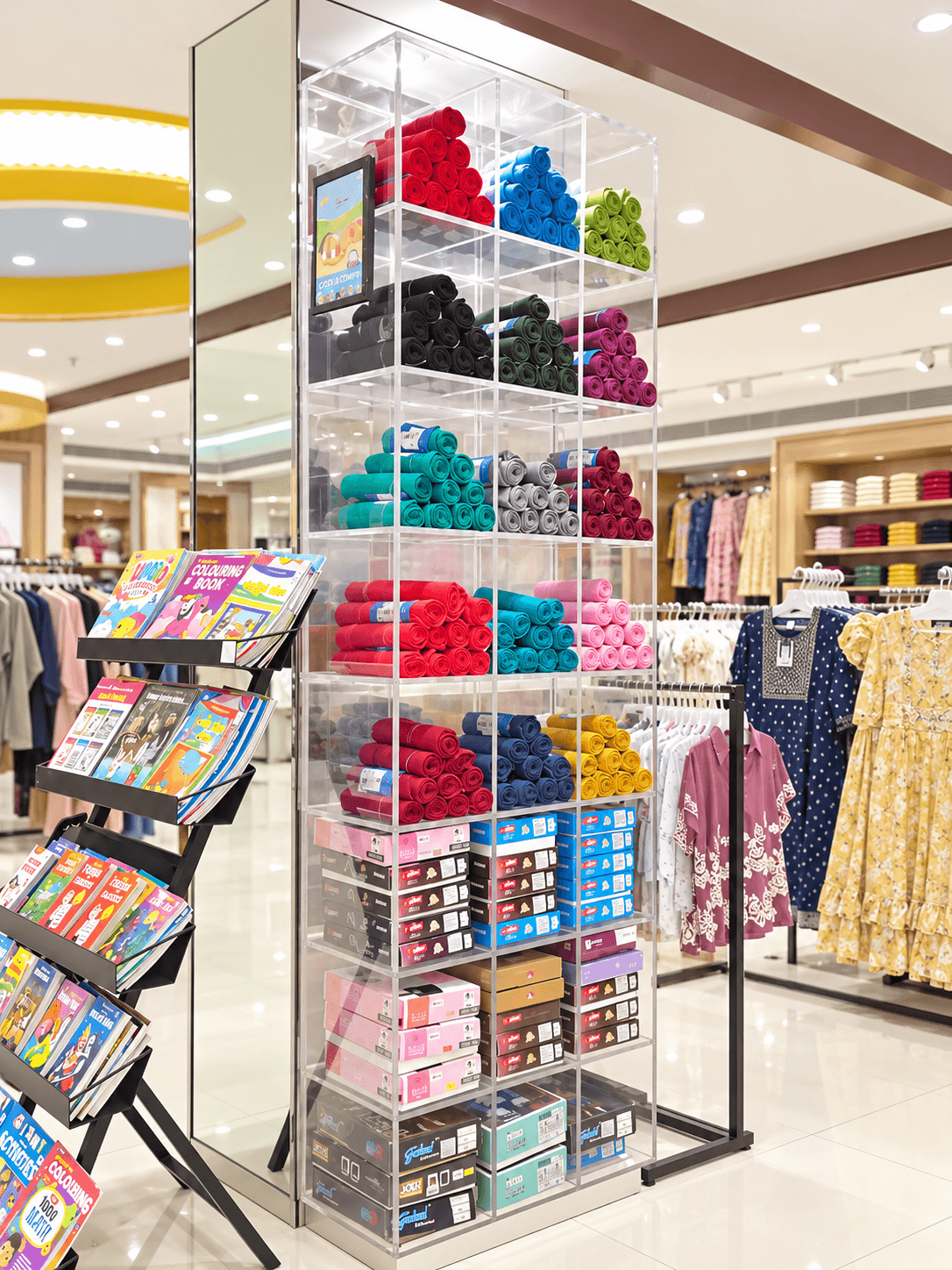 Crystal Clear Acrylic Fabric & Merchandise Display Tower
