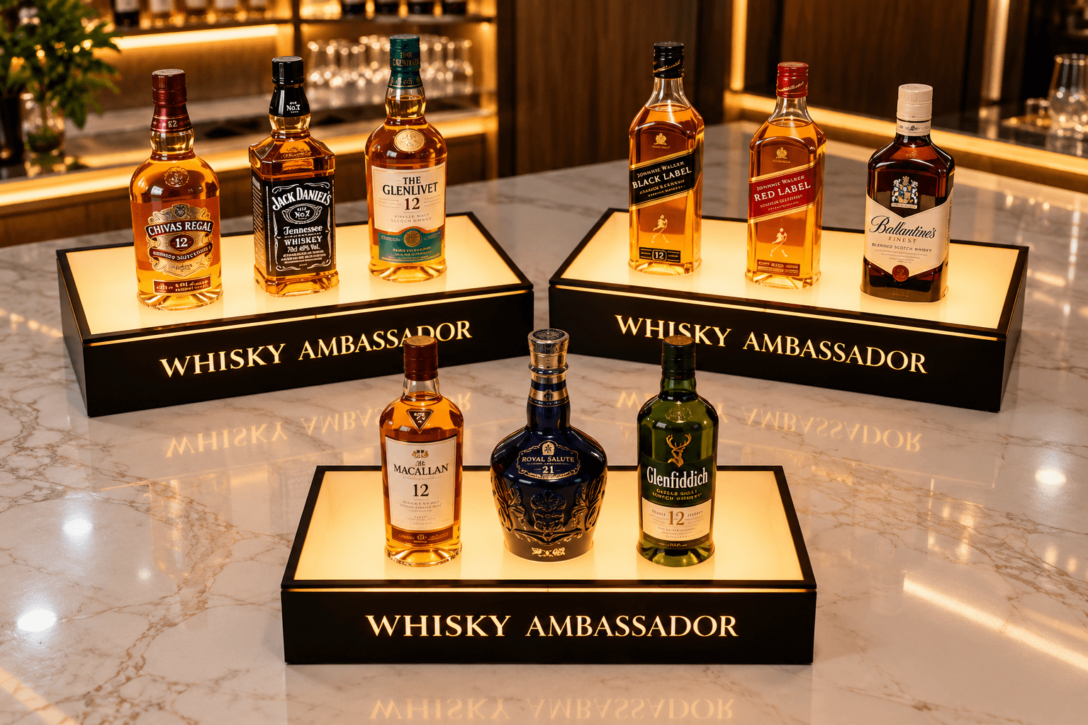 Premium Black Acrylic LED Illuminated Whisky Bottle Display Stand with Custom Branding image 1