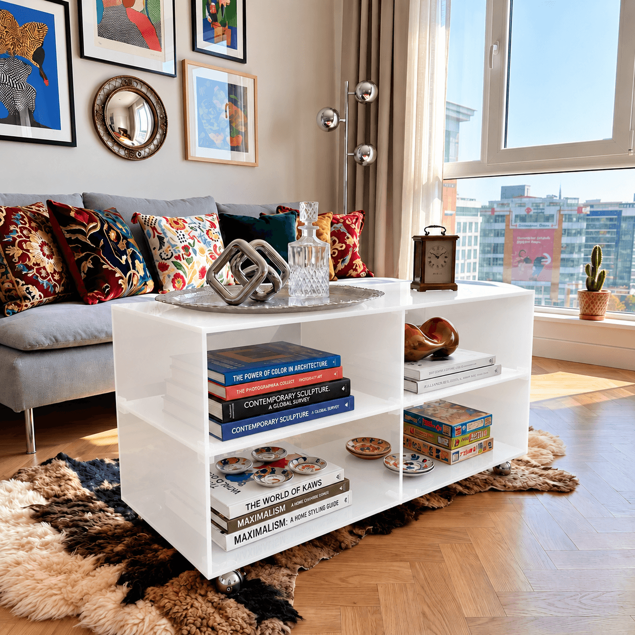 Acrylic Coffee Table with Storage on Rolling Casters, 80x40x60cm image 1